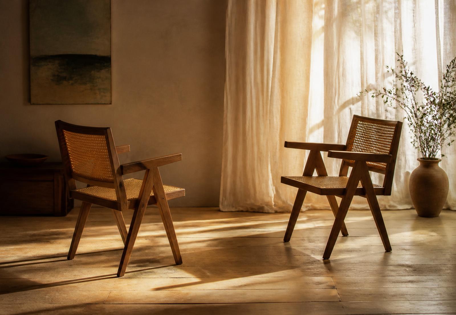 Two chairs turned toward each other in a sunlit room