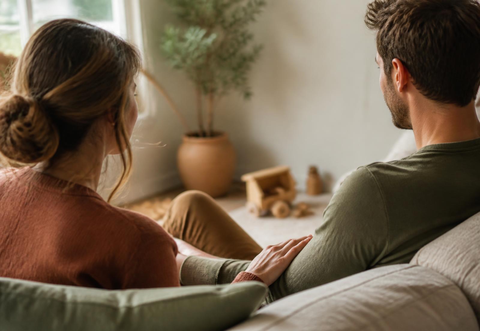 Two parents sitting close together in soft natural light
