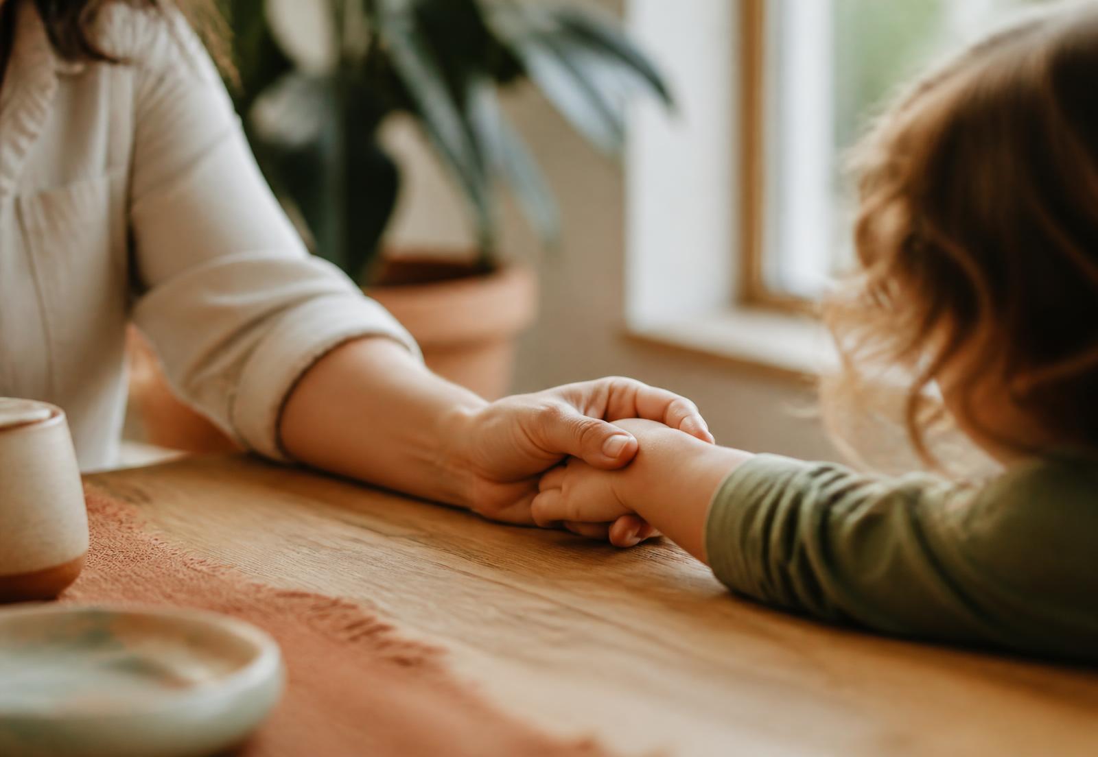 An adult hand gently holding a child's hand in soft light