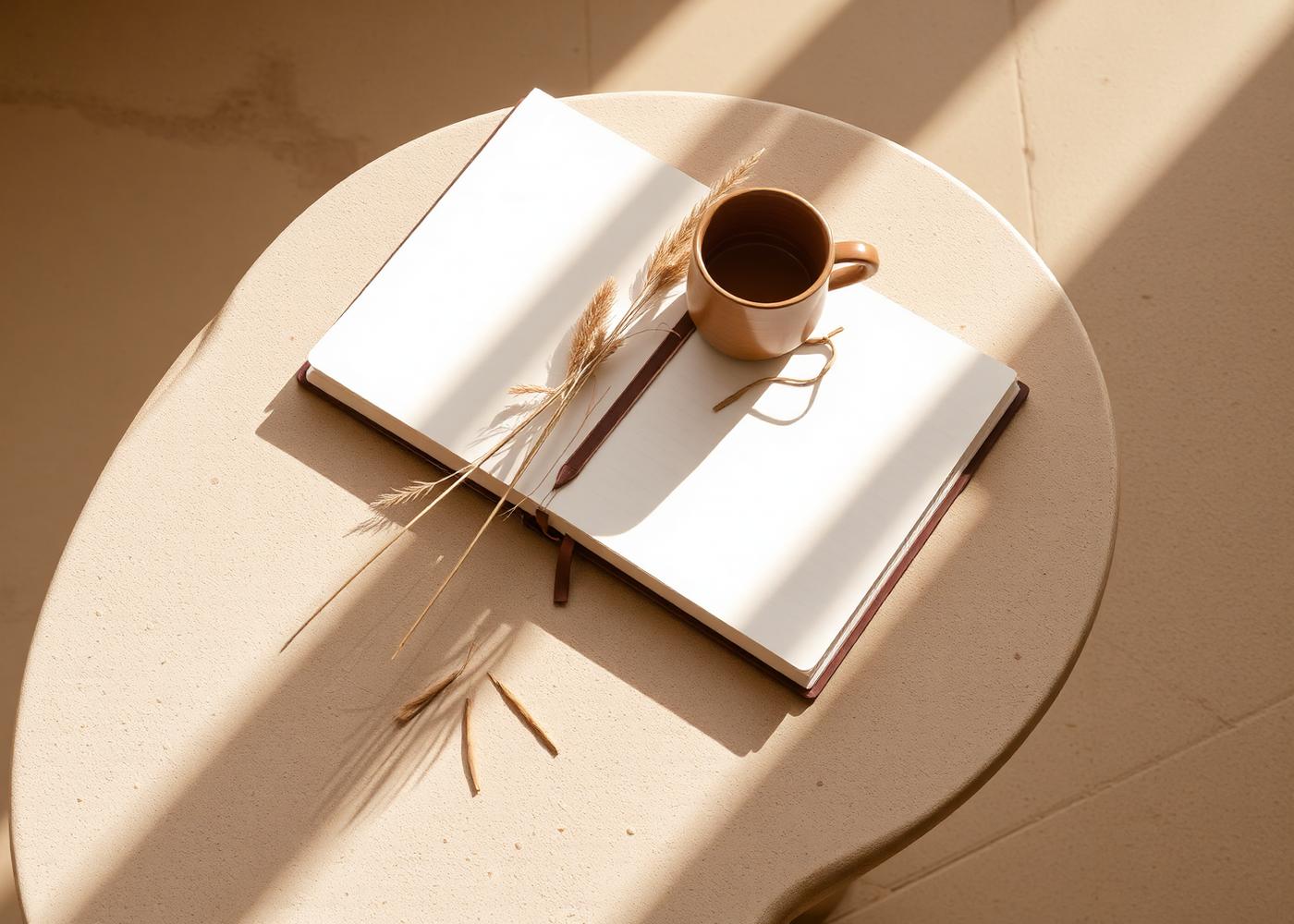 An open notebook and ceramic mug on a sunlit table