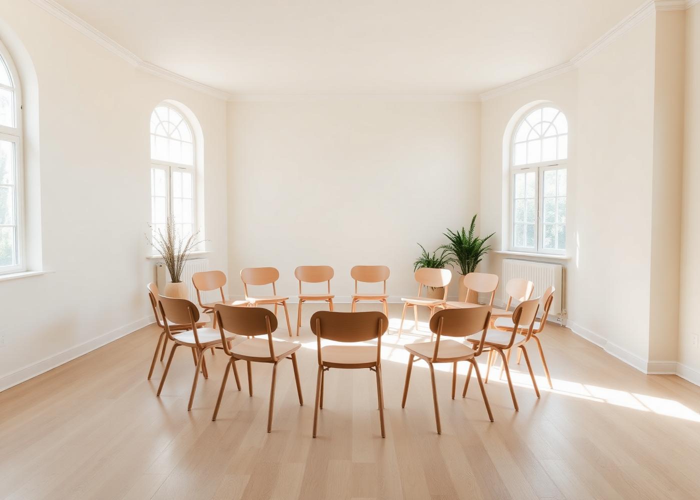 A bright workshop room with a circle of wooden chairs